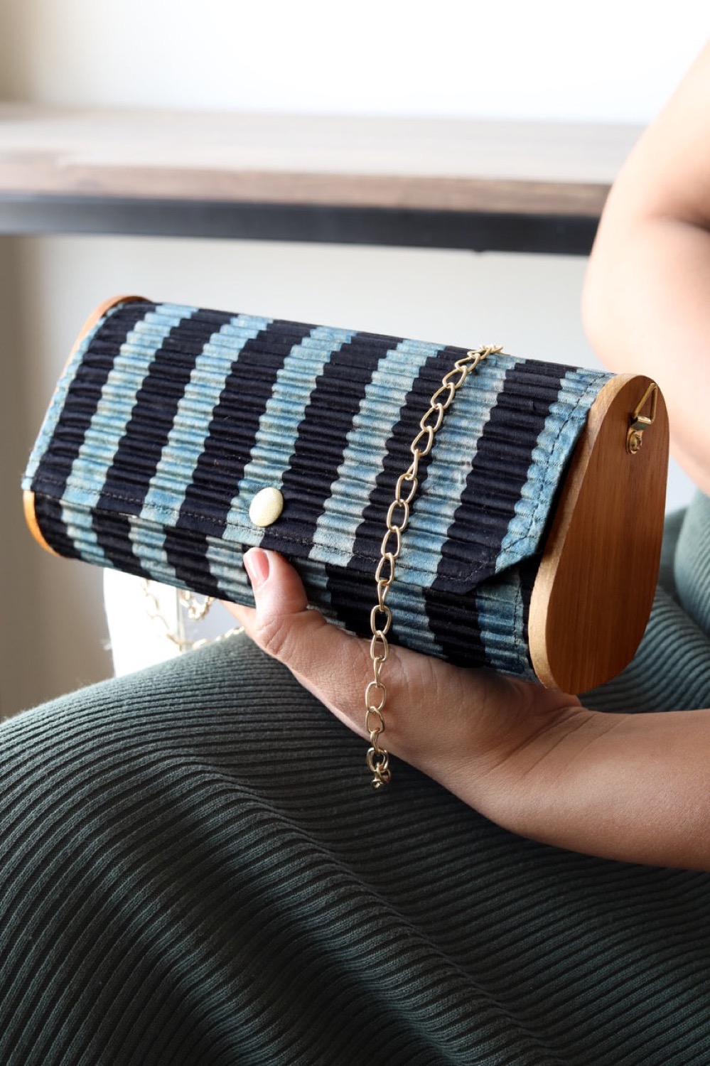 Lukka Chuppi upcycled fabric clutch with wooden sides