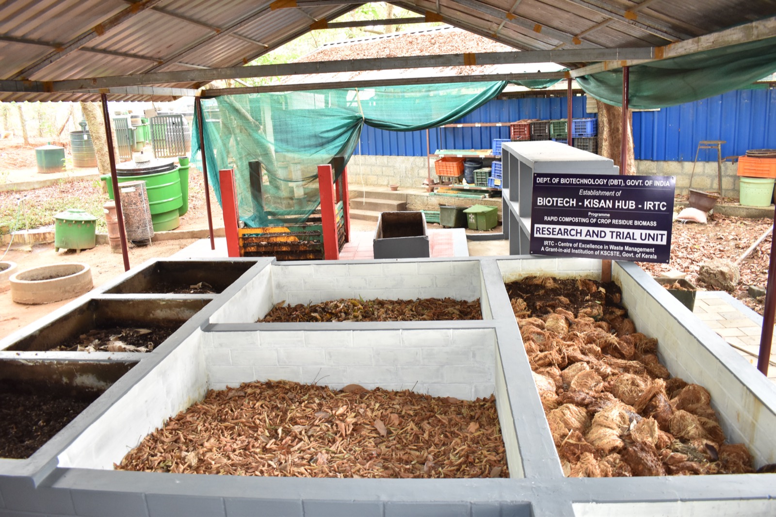 Windrow composting yard processing organic waste into compost