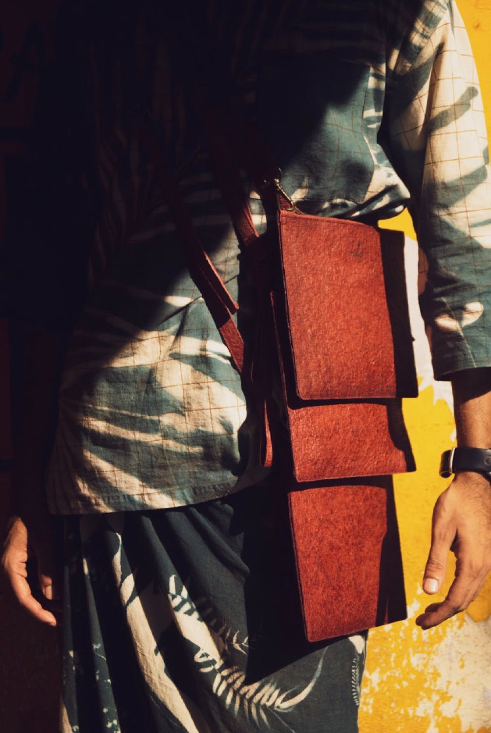 Malai coconut leather sling bag — biomaterial made from coconut water in Kerala