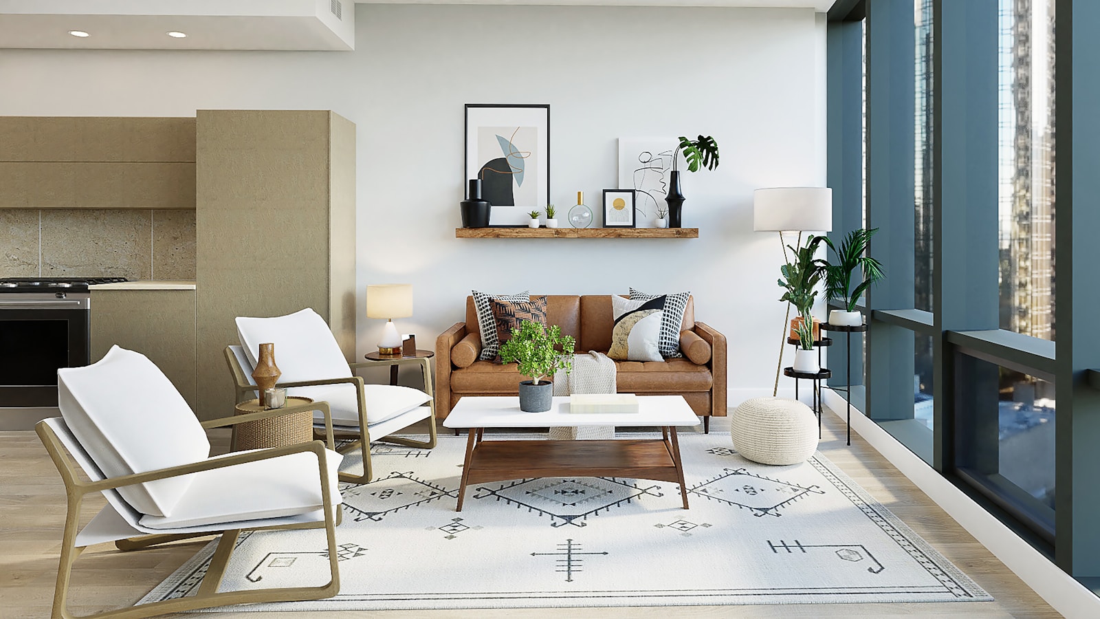 Bright interior with natural materials, plants, and sustainable furnishings representing GreenPro certified building products