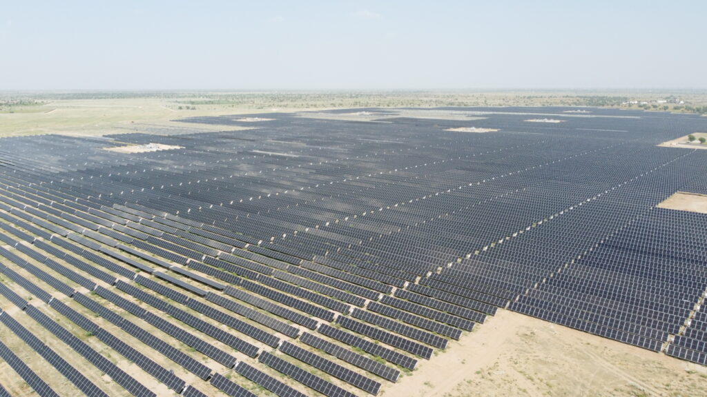 Aerial view of solar panels at the Bhadla Solar Park in Rajasthan, India