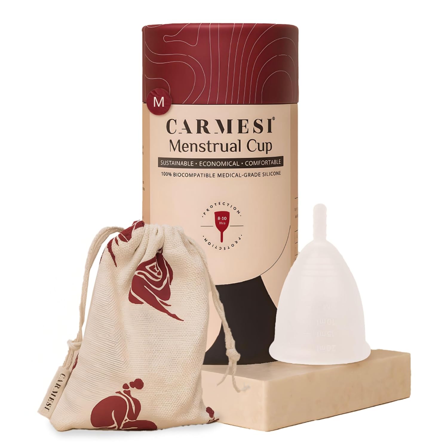 Carmesi Menstrual Cup Medium size box with silicone cup and cotton storage pouch