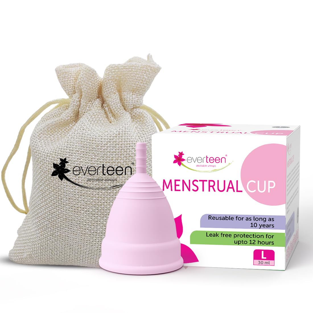 everteen Reusable Menstrual Cup Large 30ml box with silicone cup and cotton storage pouch