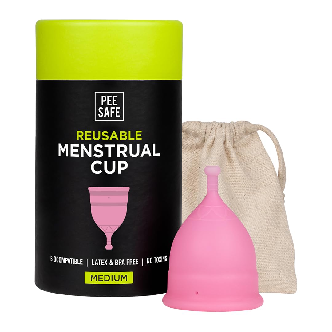 Pee Safe Reusable Menstrual Cup Medium size box with silicone cup and cotton storage pouch