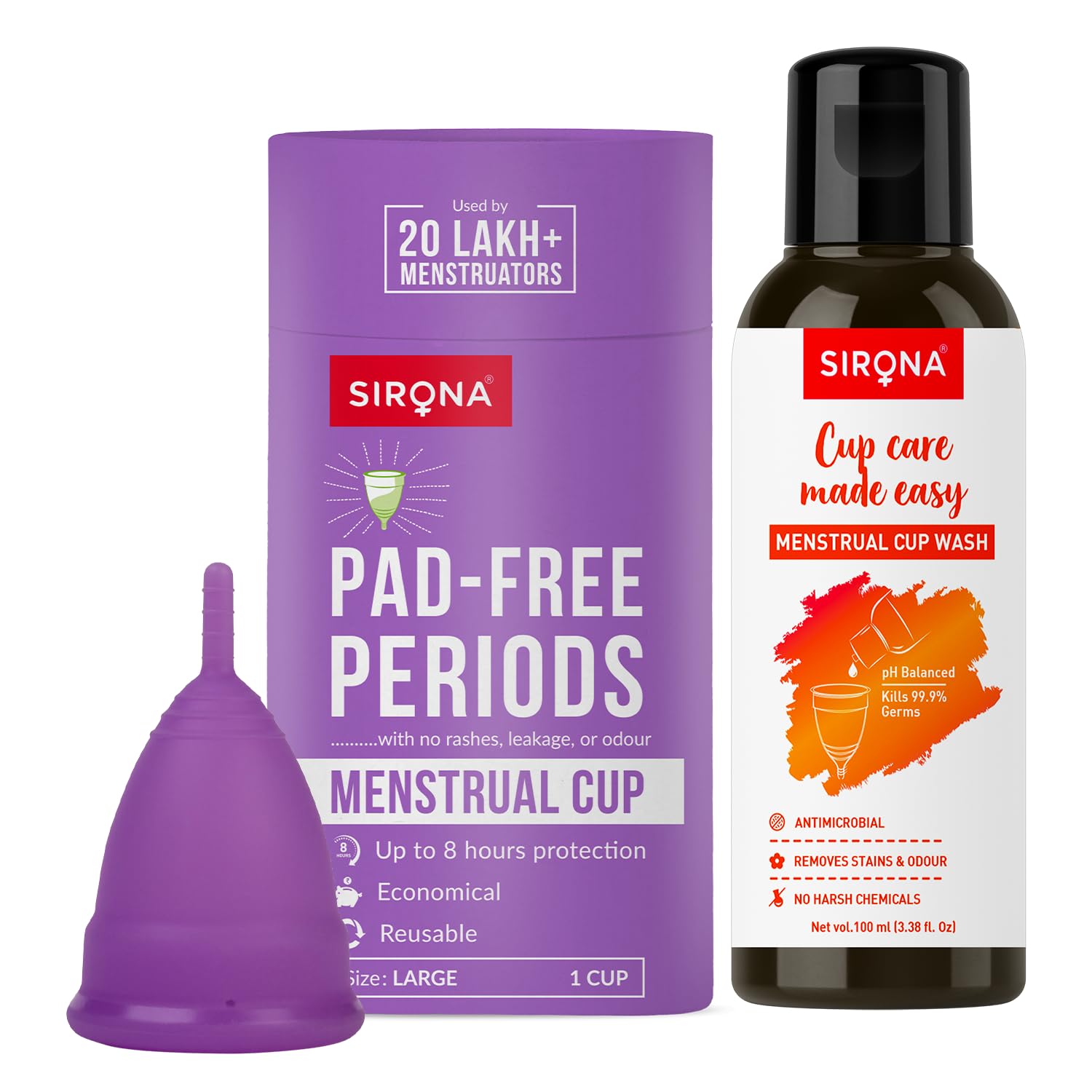 Sirona Reusable Menstrual Cup Large size box with silicone cup and 100ml pH-balanced menstrual cup wash bottle