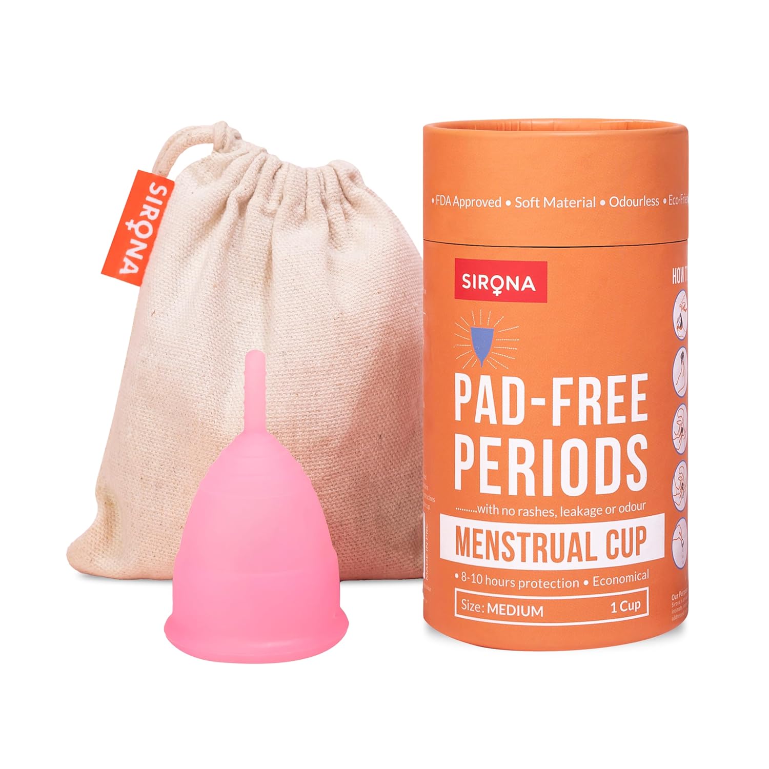 Sirona Reusable Menstrual Cup Medium size box with silicone cup and cotton storage pouch
