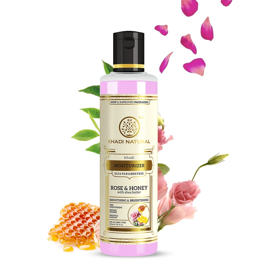 Khadi Natural Moisturising Lotion Rose and Honey bottle with shea butter, 210ml, herbal Ayurvedic body lotion