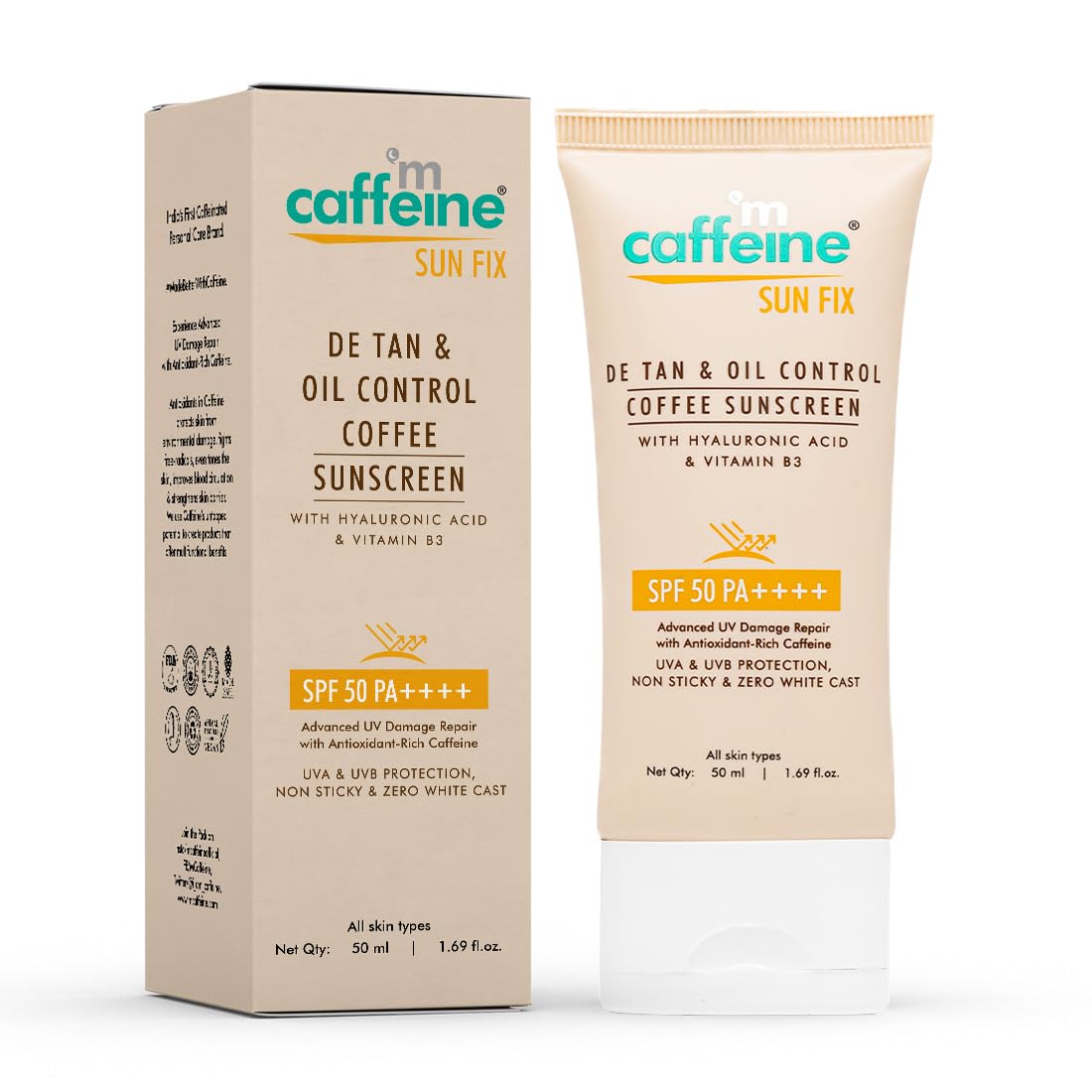 mCaffeine De Tan and Oil Control Coffee Sunscreen SPF 50 PA++++ tube and box, 50ml