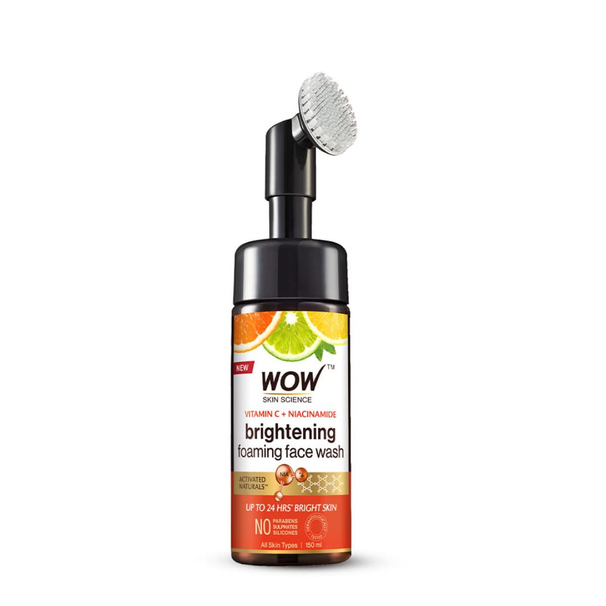 WOW Skin Science Brightening Vitamin C Foaming Face Wash, a natural skincare product with built-in cleansing brush, 150ml