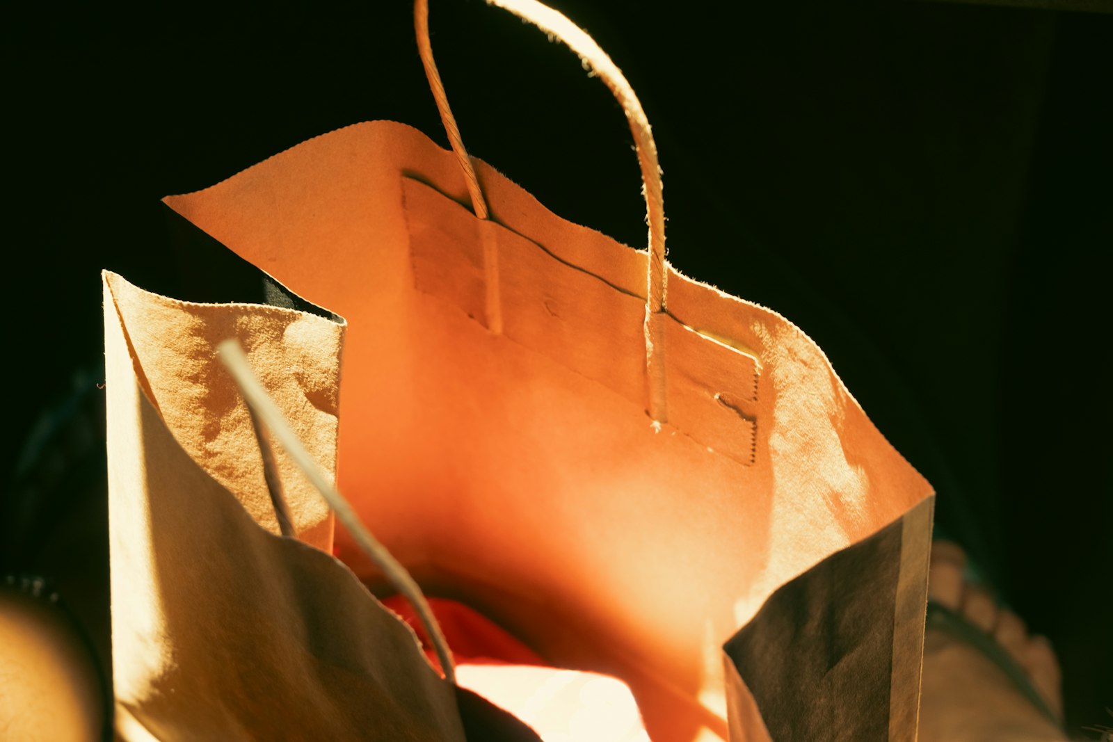 Close-up of a recyclable brown paper shopping bag with twisted paper handles, an example of sustainable packaging