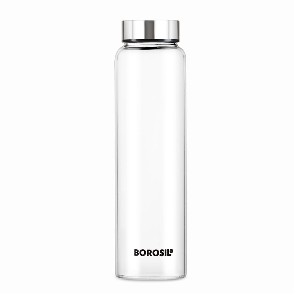 Borosil 750ml Crysto borosilicate glass water bottle with steel cap, wide mouth, transparent reusable glass bottle