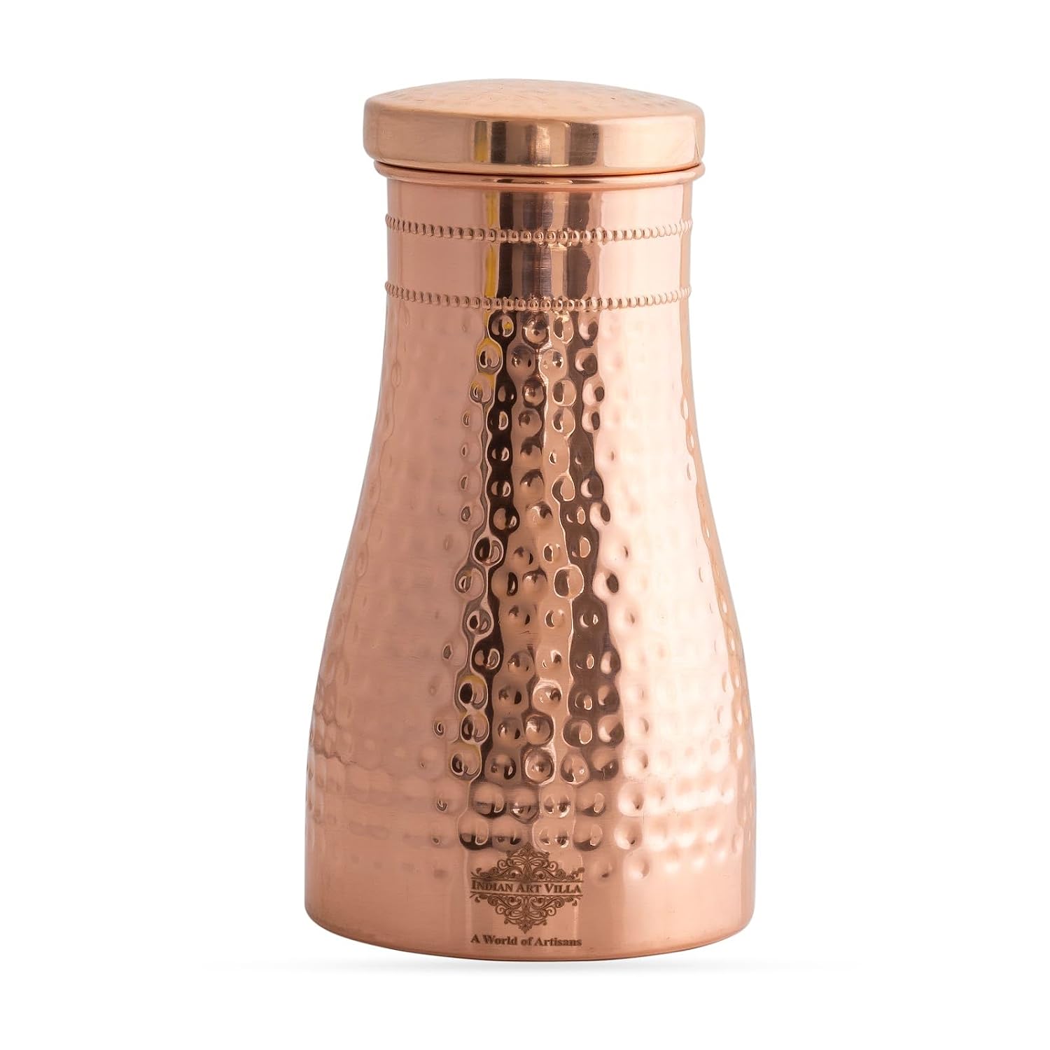 Indian Art Villa Pure Copper Bedroom Water Bottle, 950ml hammered copper water bottle with cap that doubles as a drinking glass, no plastic body