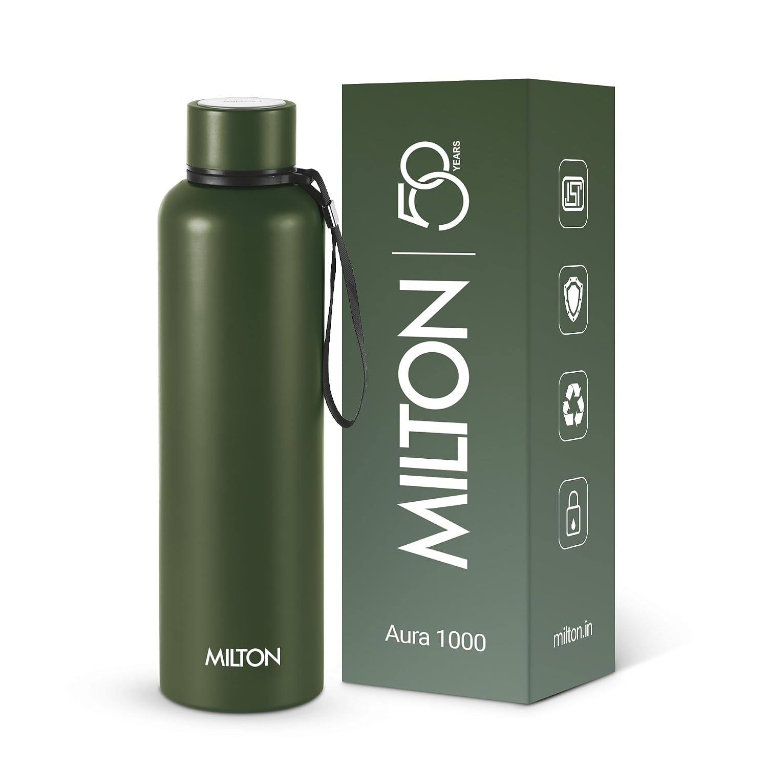 Milton Aura 1000 Thermosteel Water Bottle, 1 litre, military green, vacuum insulated steel reusable water bottle