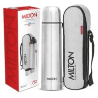 Milton Flip Lid 1000 Thermosteel Water Bottle, 1L, Silver, with insulated carry pouch