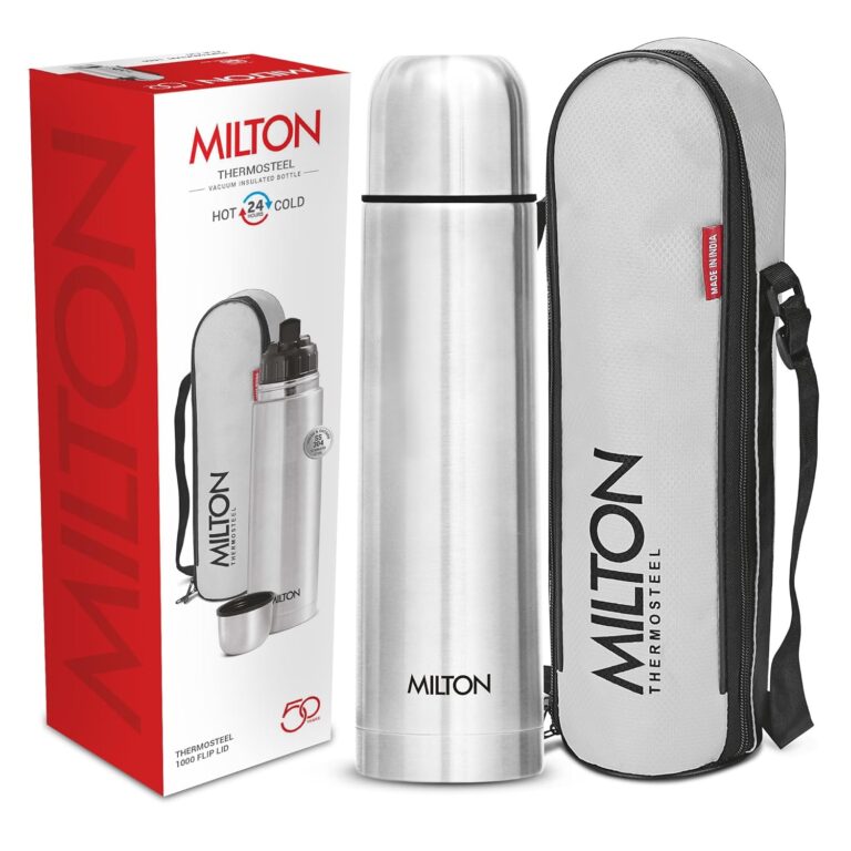 Milton Flip Lid 1000 Thermosteel Water Bottle, 1L, Silver, with insulated carry pouch