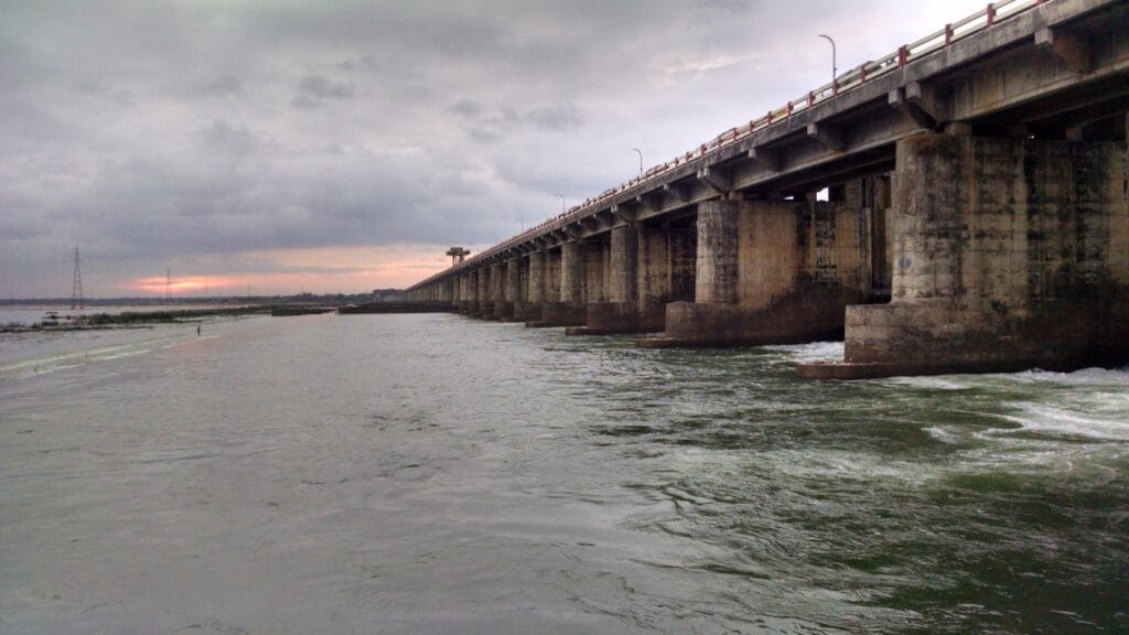 Wide view of the Dowleswaram Barrage spanning a river, representing river water infrastructure in India