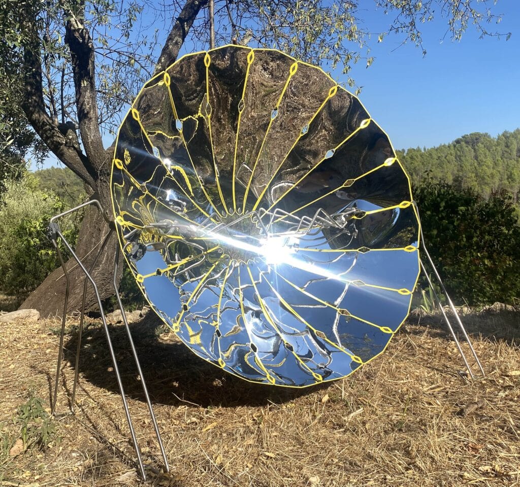 Parabolic dish-type solar cooker reflecting concentrated sunlight for high-heat cooking