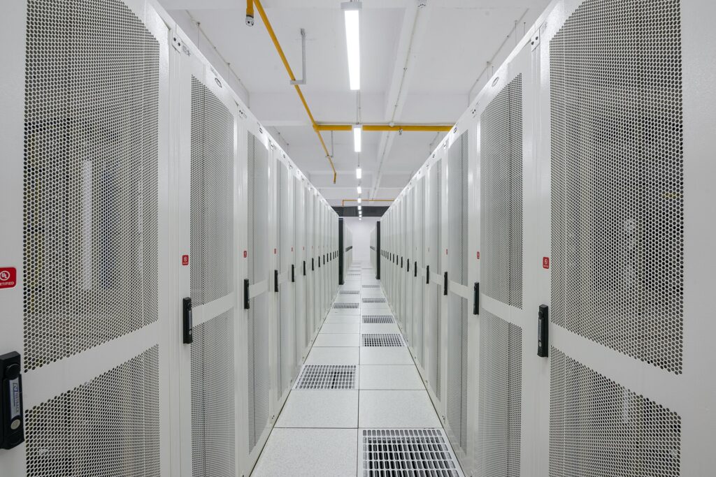 Rows of server racks inside a data centre in India