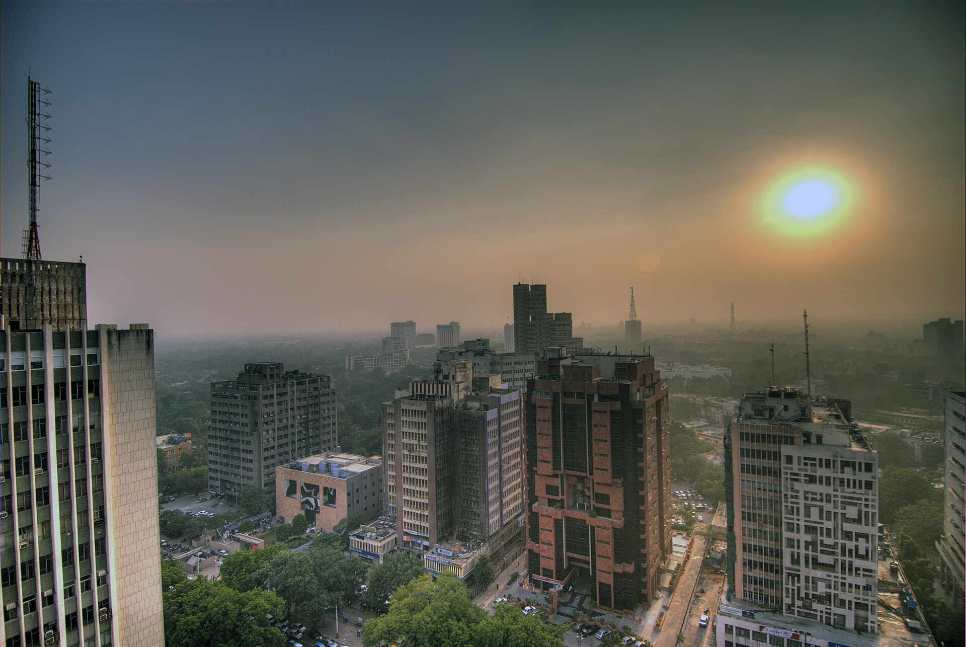 Smog hanging over the Delhi skyline at sunset