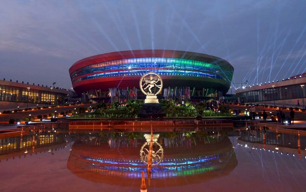 India International Water Week 2026 venue, Bharat Mandapam in New Delhi, seen in the evening
