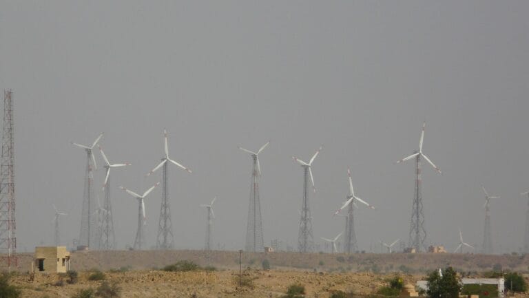 Wind turbines in the Thar desert near Jaisalmer, part of India’s renewable energy capacity
