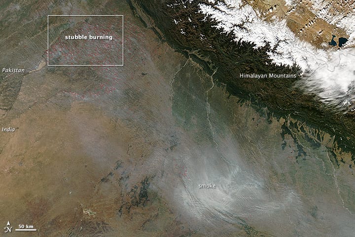 Satellite view of smoke from stubble burning across north India, the focus of stubble burning 2026 crop residue reviews