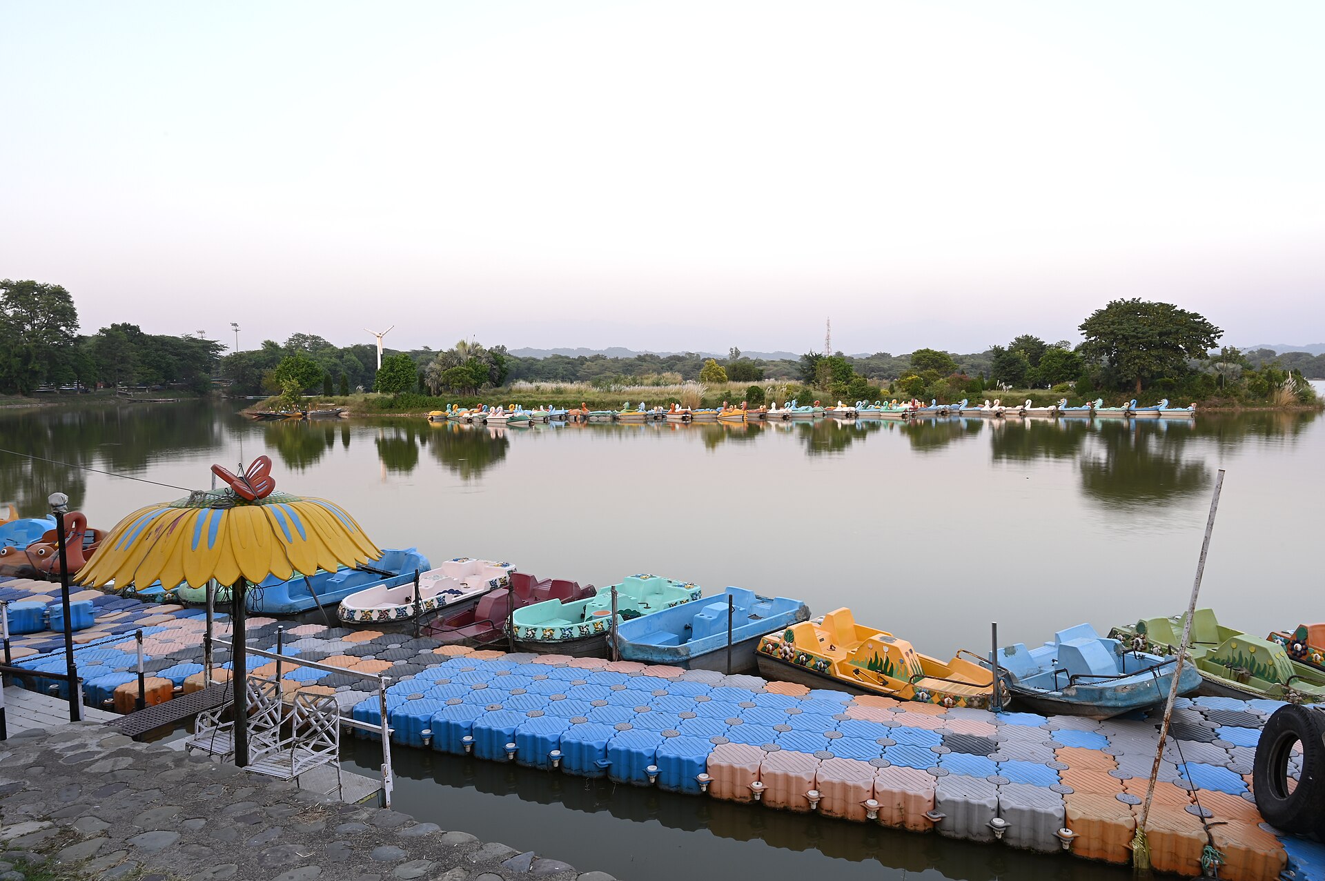 Evening view of Sukhna Lake in Chandigarh with the Shivalik foothills